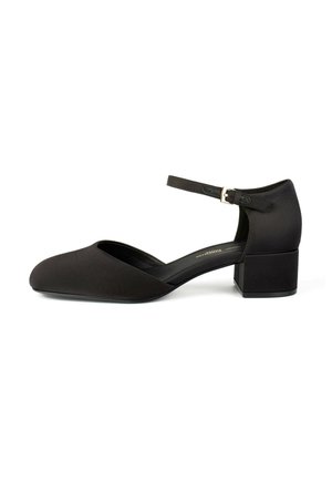 Black satin pump with a rounded toe, ankle strap, and a block heel. Smooth texture with a minimalistic design.