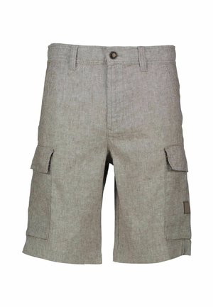Pantaloni cargo in lino grigi con due tasche laterali, un tessuto testurizzato e chiusura a bottone. Adatti per un abbigliamento casual.