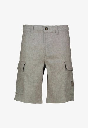 Pantaloni cargo in lino grigi con due tasche laterali, un tessuto testurizzato e chiusura a bottone. Adatti per un abbigliamento casual.