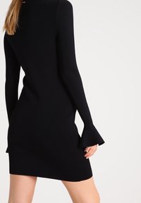 Schwarzes langärmliges Kleid mit figurbetonter Silhouette, ausgestellten Manschetten, hohem Ausschnitt und einem glatten, strukturierten Stoff.