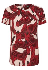 Kortärmad topp med en rosa bakgrund och ett djärvt röd- och svart zebra-mönster, rund halsringning och en nyckelhålsdetalj framtill.