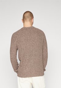 Jasnobrązowy sweter dzianinowy o szorstkiej teksturze, z okrągłym dekoltem i długimi rękawami, pokazany od tyłu.