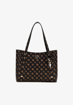 Black tote bag with brown logo pattern, smooth texture, dual shoulder straps, and metallic hardware accents. Features a logo plaque and keychain.