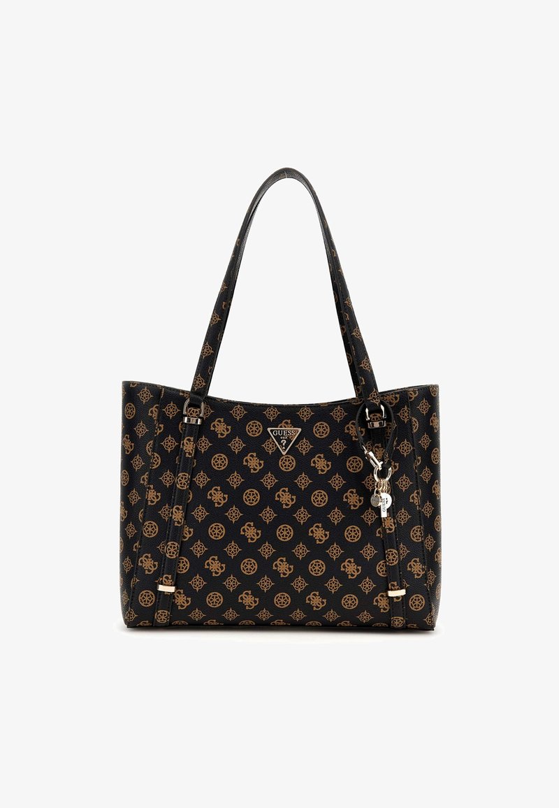 Borsa tote nera con motivo logo marrone, texture liscia, doppie tracolle e accenti in metallo. Presenta una placca con logo e un portachiavi.