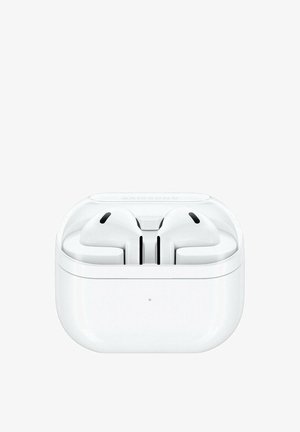 Wireless earbuds in a compact white charging case with a smooth finish, featuring a small LED indicator and black accents on the earbuds.