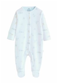 Body bianco per neonati con illustrazioni pastello di animali, palloncini e veicoli. Maniche lunghe, chiusura con bottoni a pressione e design con piedini.