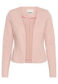 Roze gebreide blazer met een zachte textuur, open voorkant, lange mouwen en een eenvoudige halslijn. Het label zegt "ICHI."