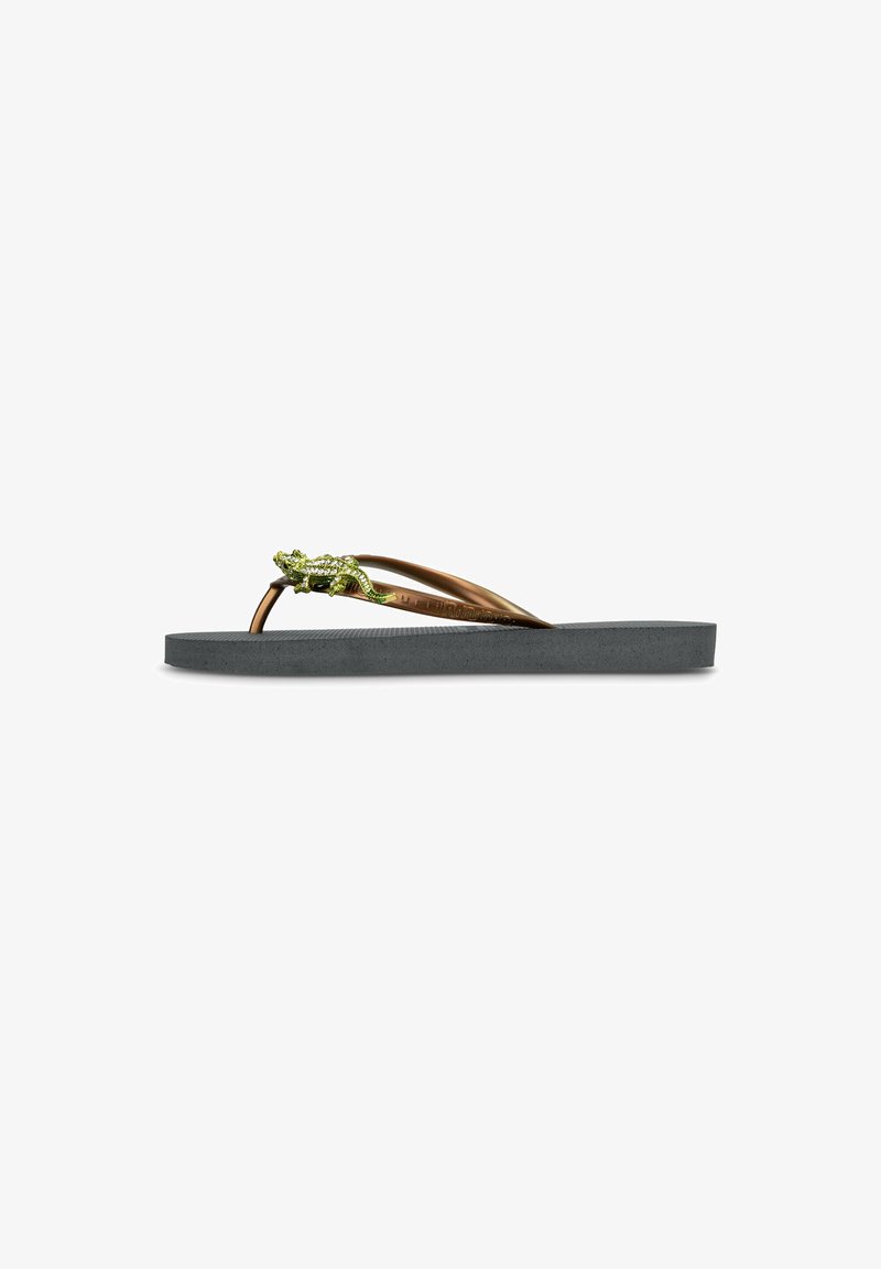 Flip-flop with a gray rubber sole, bronze straps, and a green lizard accent on the thong. Flat design, casual style, no patterns.