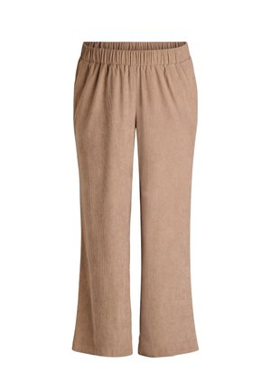 Light brown wide-leg trousers with an elastic waistband, featuring a textured fabric and a relaxed fit, suitable for casual wear.