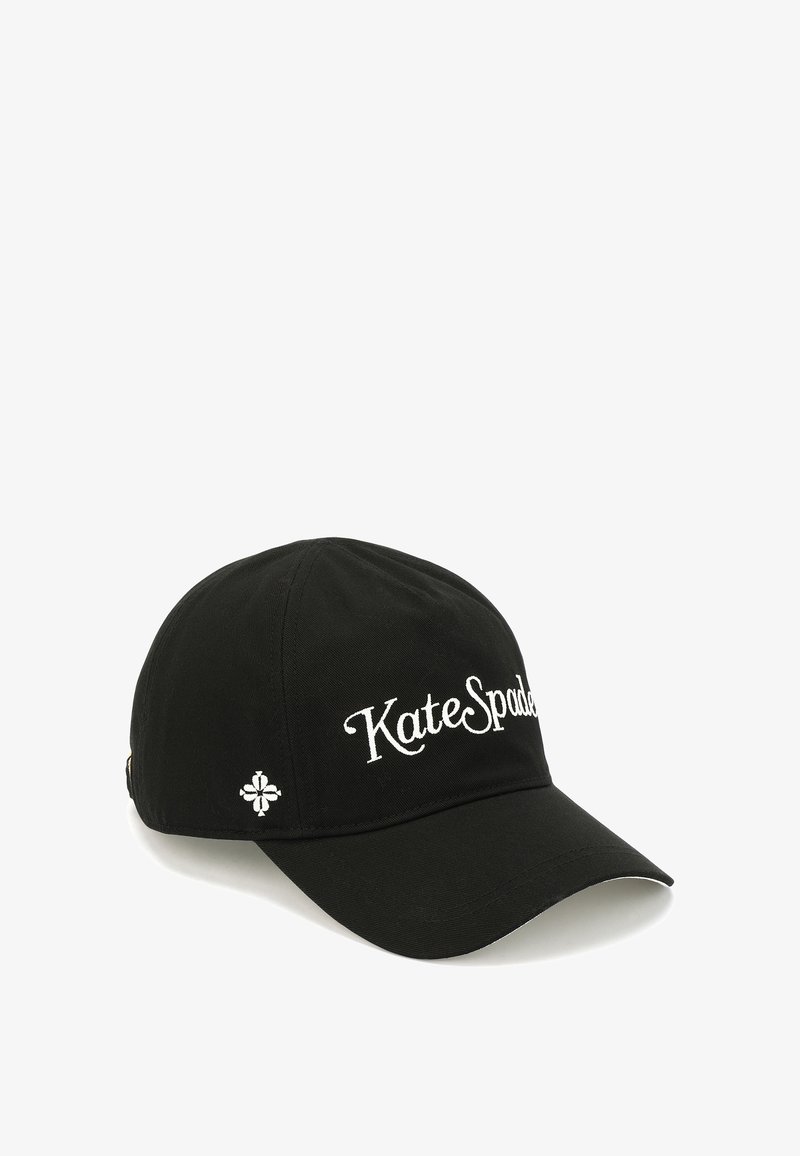 Black baseball cap made of fabric with white embroidered "Kate Spade" logo on the front and a white embroidered accent on the side.