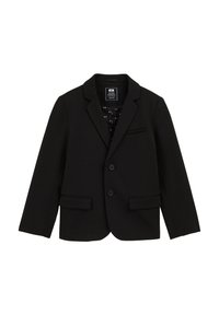Czarna marynarka o dopasowanym kroju, jednożąszy styl, klapy w kształcie notcha, dwie przednie kieszenie oraz wzorzysta podszewka.