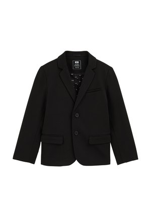 Must mustriga väljakujundusega, ühe nupuga stiliseeritud must rõivastus, millel on lõikega kraed, kaks esist kotti ja mustriline sisekate.