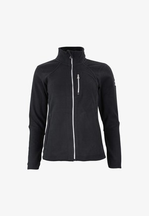 Zwarte fleecejas met een hoge kraag, een rits aan de voorkant en een borstzak. Heeft een gladde textuur en een aansluitend ontwerp met lange mouwen.