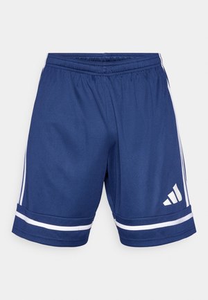 Marineblaue Sportshorts aus atmungsaktivem Stoff, mit weißen Streifen an den Seiten und einem Logo am unteren linken Bein. Elastischer Bund.
