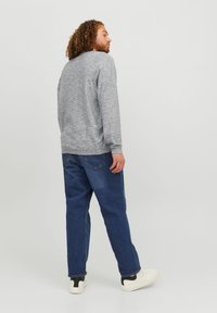 Grijze-textuur sweatshirt met lange mouwen, gecombineerd met blauwe straight-leg jeans en witte sneakers, zichtbaar vanuit een achteraanzicht.