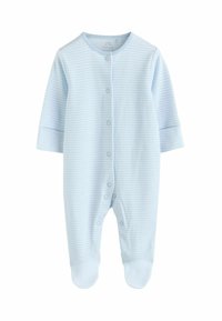 Body pentru bebeluși cu dungi albastre, confecționat dintr-un material moale, cu mâneci lungi, capse pe față și picioare acoperite.