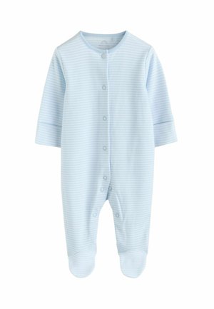 Niebieska body dla niemowląt w paski, wykonane z miękkiej tkaniny, z długimi rękawami, zatrzaskami z przodu oraz zakrytymi stopami.