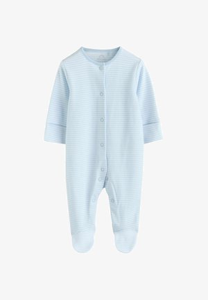 Body pentru bebeluși cu dungi albastre, confecționat dintr-un material moale, cu mâneci lungi, capse pe față și picioare acoperite.