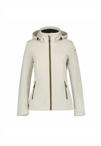 Lys beige softshelljakke med hætte, frontlynlås og to lynlåslommer. Har kontrasterende grønne lynlåse accents.