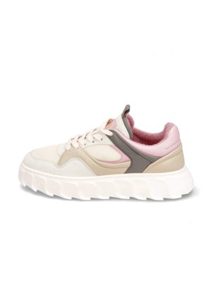 Sneaker mit einer cremefarbenen Oberpartie, Akzenten in Taupe und zartem Rosa, dicke weiße Sohle und einer strukturierten Stoffauskleidung für zusätzlichen Komfort.