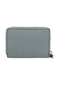 Sivá kožená peňaženka s hladkou textúrou, obdĺžnikovým tvarom, zipsovým uzáverom a striebornými kovovými doplnkami.