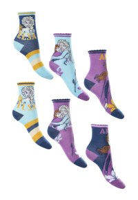 Conjunto de seis calcetines con diseños coloridos: azul con Elsa, morado con Anna, con un relieve texturizado y patrones variados.