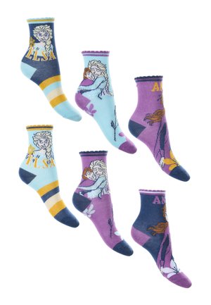 Set aus sechs Socken mit bunten Designs: blau mit Elsa, lila mit Anna, strukturiertes Rippenmuster und abwechslungsreiche Muster.