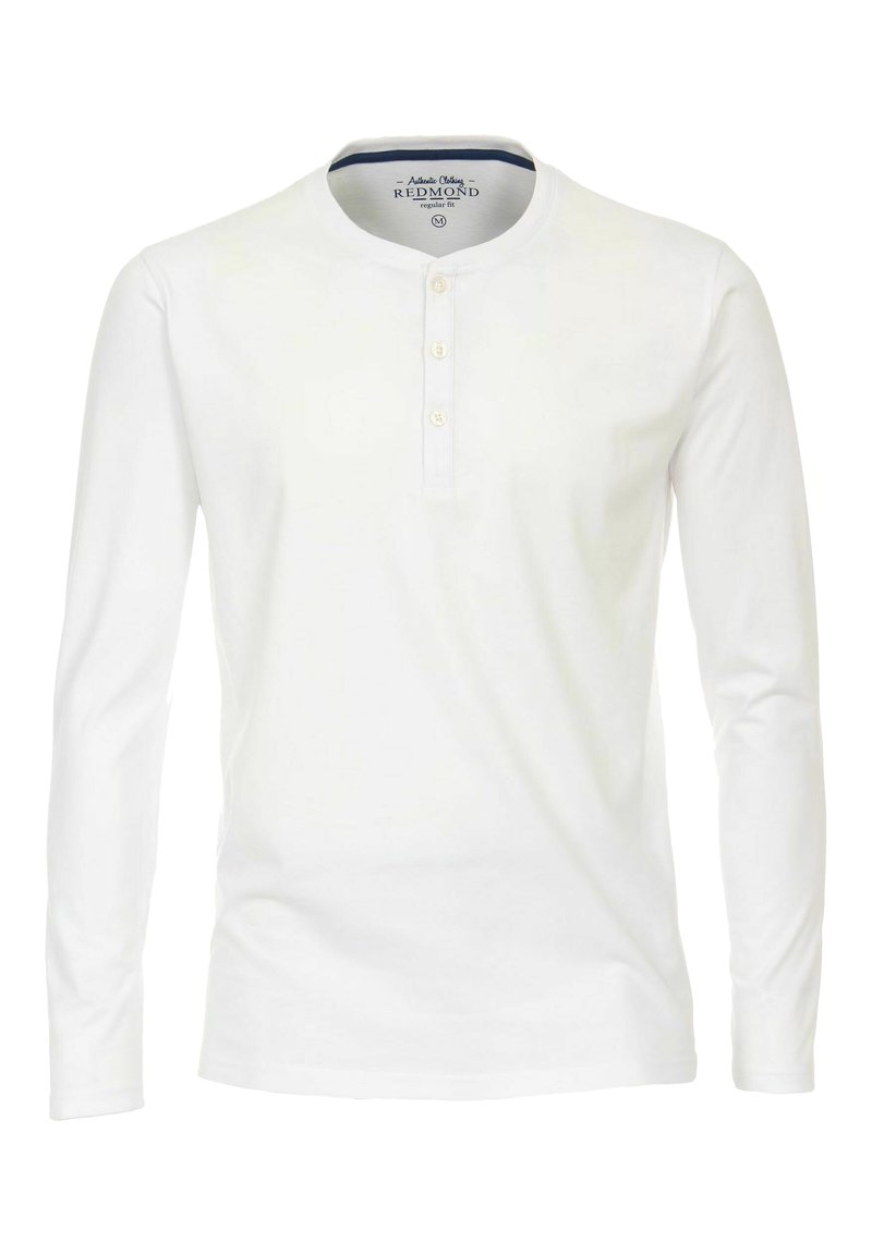 Wit lange mouwen henley-shirt van katoen, met een ronde hals, drie-knopen sluiting en een reguliere pasvorm. Eenvoudige, gladde structuur.