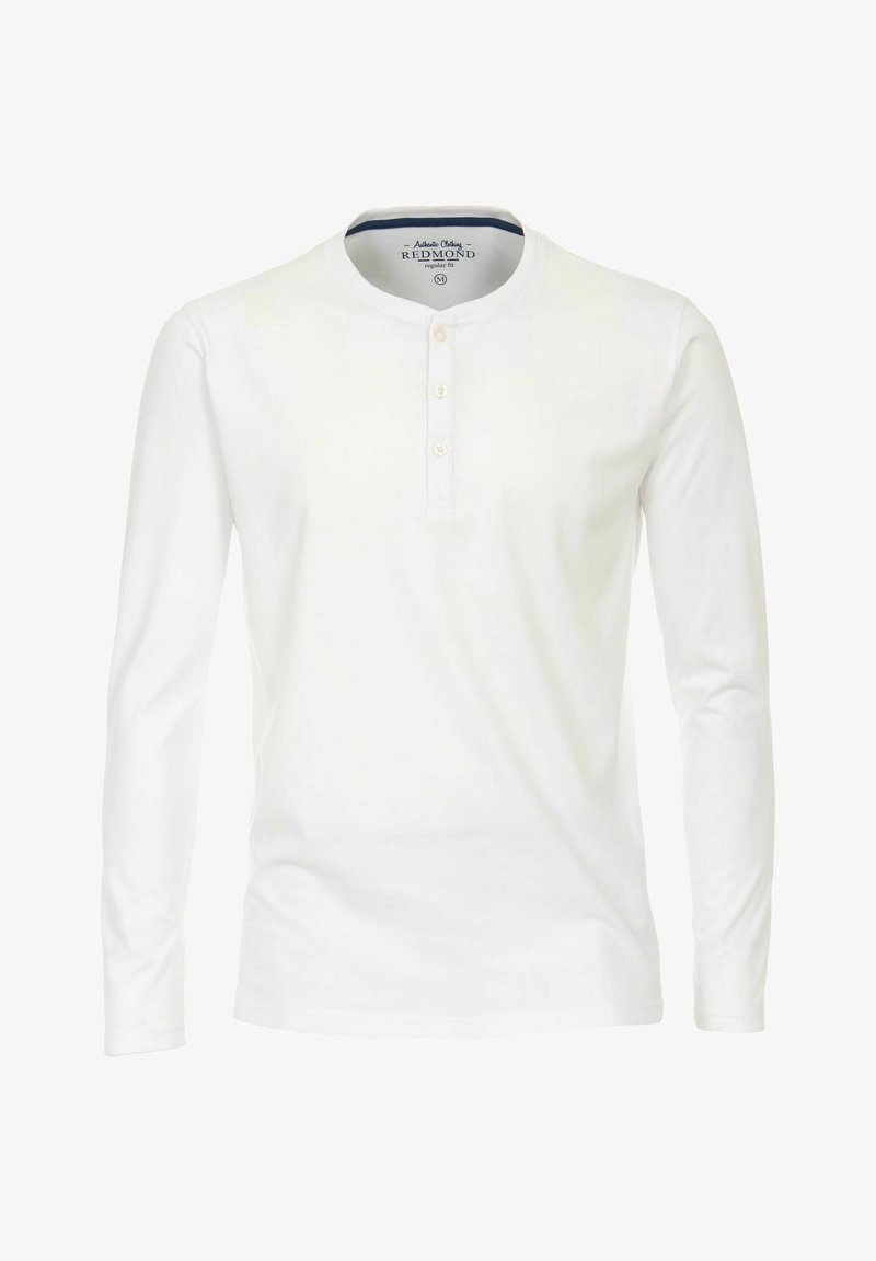 Langärmliges weißes Henley-Shirt aus Baumwolle mit rundem Ausschnitt, Drei-Knopf-Leiste und normaler Passform. Einfache, glatte Textur.