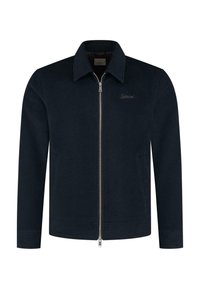 Marine blauw zip-up jas van textuurstof, met een puntkraag, zijzakken en subtiele logo borduursels op de borst.