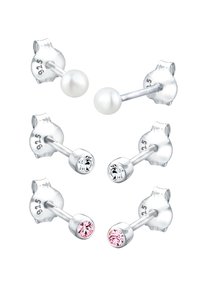 Fire par par ørestikker: en med en hvid perle, to med klare og pink krystaller, og sølvmetal, der har en glat finish og sikre backs.