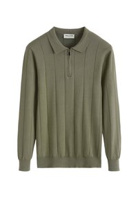 Pull à manches longues en maille olive avec des côtes verticales, un col zippé à mi-hauteur et des poignets et un ourlet à côtes.