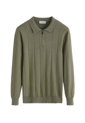 Pull à manches longues en maille olive avec des côtes verticales, un col zippé à mi-hauteur et des poignets et un ourlet à côtes.