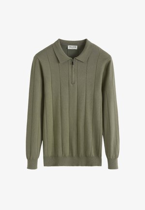 Pull à manches longues en maille olive avec des côtes verticales, un col zippé à mi-hauteur et des poignets et un ourlet à côtes.