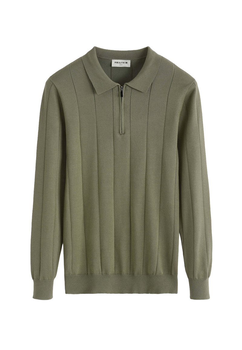 Pull à manches longues en maille olive avec des côtes verticales, un col zippé à mi-hauteur et des poignets et un ourlet à côtes.