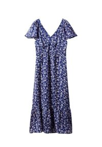 Robe maxi en tissu bleu foncé avec un imprimé floral blanc. Présente des manches courtes à volant et une taille froncée avec un ourlet à volants.