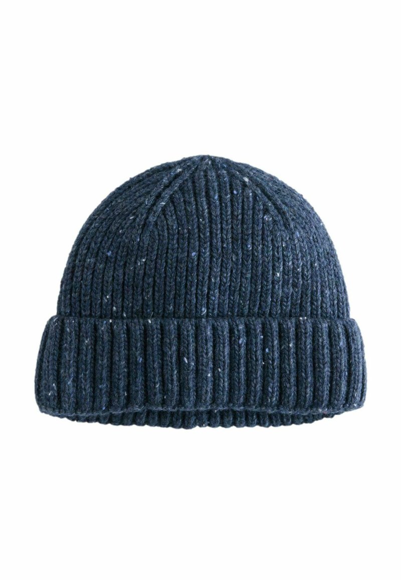 Knitted beanie in dark navy with a ribbed texture, featuring subtle speckles. Classic shape with a folded hem for snug fit.