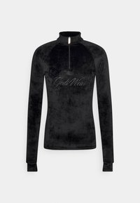 Maglia in pile nera a maniche lunghe con zip, caratterizzata da un colletto alto e con "GoldWear" ricamato in argento sul petto. Texture liscia e design aderente.