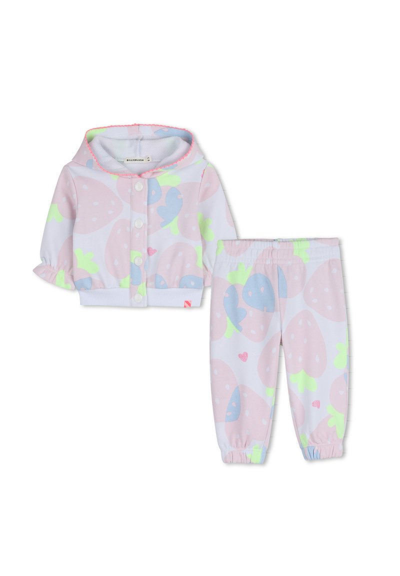 Σετ βρεφικών ρούχων δύο τεμαχίων που περιλαμβάνει ροζ και παστέλ φούτερ με φερμουάρ και σχέδιο φράουλας, καθώς και παντελόνι με ελαστικές μανσ έτες που ταιριάζει.