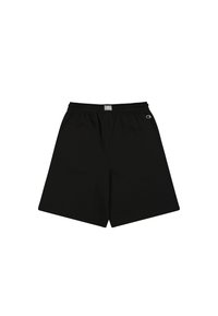Zwarte sportshorts gemaakt van zacht materiaal, met een elastische tailleband en een logo-accent aan de linkerkant, met een rechte snit.