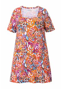 Tunika z krótkim rękawem w żywych wielokolorowych odcieniach, ozdobiona abstrakcyjnymi wzorami, z kwadratowym dekoltem i luźnym krojem, wykonana z lekkiego materiału.
