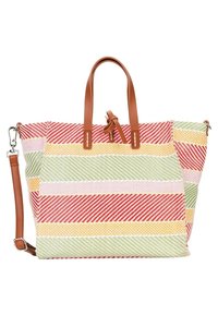 Sac cabas tissé rayé avec des motifs diagonaux rouges, verts, jaunes et roses, poignées en cuir marron et bandoulière amovible.