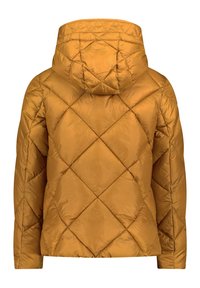 Quiltet amber pufferjakke med hætte, der har et diamantmønster, glat tekstur og elastiske manchetter. Vist fra bagsiden.