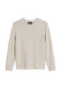 Lichtbeige lange mouw trui met ronde halslijn, gemaakt van gestructureerde stof. Beschikt over een ribgebreid ontwerp en een zachte afwerking.