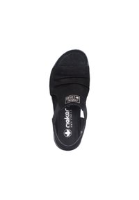 Black sandal with a soft upper, open toe design, and wide strap. Features a cushioned insole and Rieker Antistress logo on the footbed.