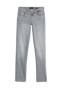 Szare dżinsy ze sztywną nogawką o prostym kroju, z pięcioma kieszeniami i subtelnym, spranym wykończeniem. Posiadają szlufki na pasek oraz zamek błyskawiczny.