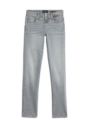 Szare dżinsy ze sztywną nogawką o prostym kroju, z pięcioma kieszeniami i subtelnym, spranym wykończeniem. Posiadają szlufki na pasek oraz zamek błyskawiczny.