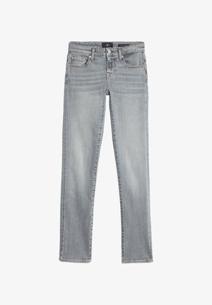 Szare dżinsy ze sztywną nogawką o prostym kroju, z pięcioma kieszeniami i subtelnym, spranym wykończeniem. Posiadają szlufki na pasek oraz zamek błyskawiczny.