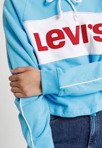 Felpa azzurro chiaro con pannello bianco caratterizzato dal logo "Levi's" in rosso. Il materiale sembra morbido; include cuciture a contrasto bianche e un cappuccio.