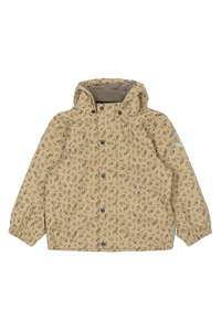 Giacca tan con motivo a foglie verdi, cappuccio e polsini elastici. Fodera interna morbida e chiusure a scatto frontali. Forma leggermente oversize.